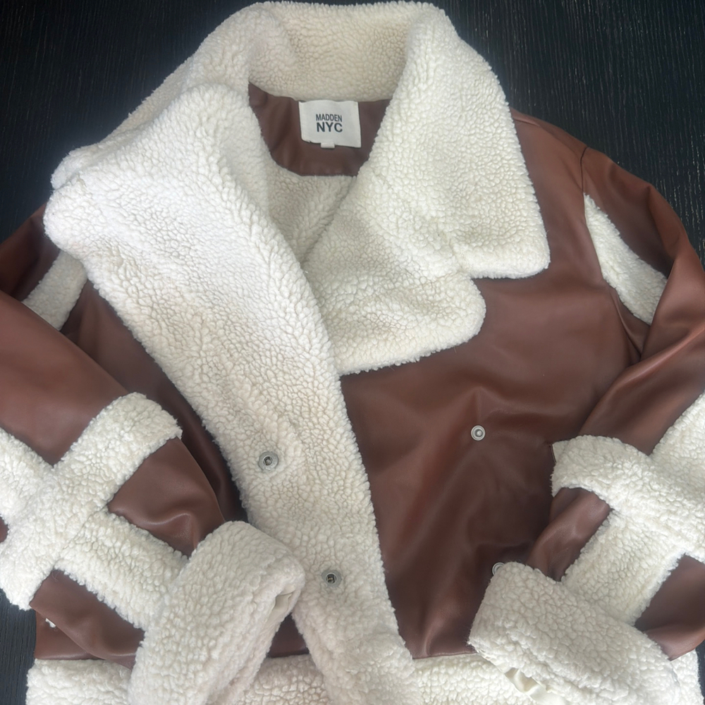Madden NYC Brown Faux Leather Sherpa Moto Jacket Cream Teddy Trim